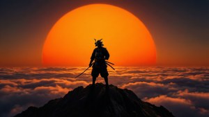 日落時分，武士戰士站在雲端山頂上。