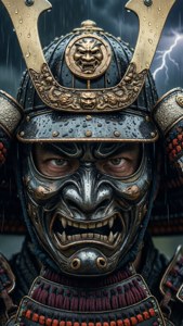 身穿精細鎧甲的武士戰士，在閃電交加的暴風雨天空下。