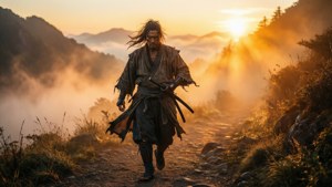 武士戰士在金色日出時穿過霧氣瀰漫的山巒。