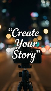 三腳架上的相機，以模糊的夜間城市燈光為背景，顯示「Create Your Story」文字。