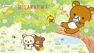 Rilakkuma 和朋友們在陽光明媚的森林裡，有鮮花和池塘。