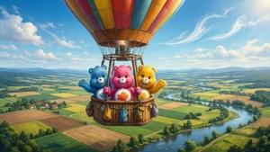 三隻Care Bears在熱氣球中飛越風景如畫的河谷。