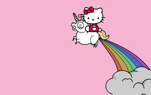 Hello Kitty 騎著一隻有彩虹尾巴的獨角獸在雲端之上。