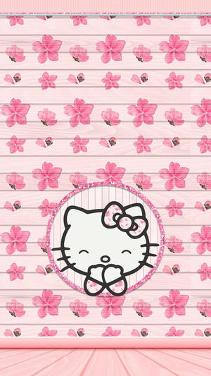 Hello Kitty 在閃閃發光的圓圈中微笑，背景是粉紅色木板和櫻花。