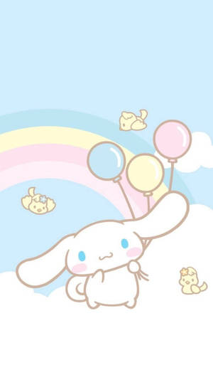 Cinnamoroll 喺彩虹下面拎住氣球，毛茸茸嘅小雞喺天空漂浮。