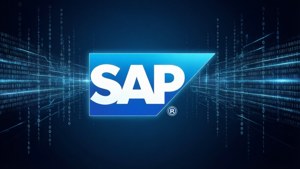 SAP 標誌，二進制代碼流在深藍色數位背景中流動