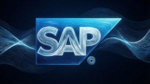 深色背景上帶有發光藍線和波浪圖案的 SAP 標誌