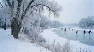 溜冰者在冬天被雪覆蓋的樹木環繞的冰凍河流上滑行。