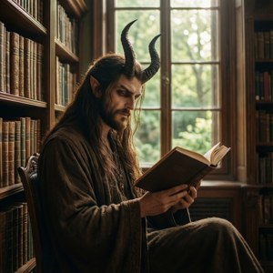 一個長著角、長長黑髮的惡魔在陽光普照的圖書館裡，周圍是書架，正在閱讀一本書。