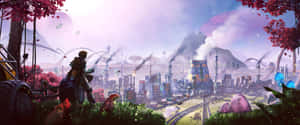 一個人在車輛上眺望一座有山脈和發光植物的科幻城市。 — 城市 壁紙