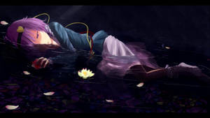 紫發動漫少女在黑暗的水中漂浮，附近有一朵發光的蓮花。 — 美學 壁紙