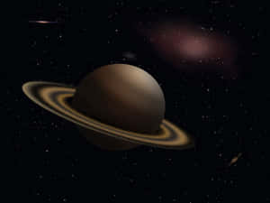 一顆環狀行星漂浮在充滿星星的星系中，帶有宇宙塵埃。