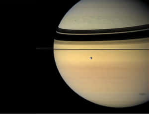 土星帶有光環和一顆小衛星在太空黑暗中可見。