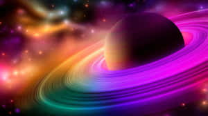 一顆色彩繽紛的行星，帶有發光環，背景是充滿恆星的生動宇宙星雲。