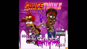 Sauce Twinz 的專輯封面，包含卡通說唱歌手和露骨內容警告。 — 滴落效果 壁紙