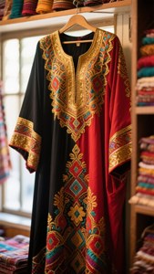 一件黑色和紅色的刺繡長袍掛在紡織品店裡，背景是色彩繽紛的布料。