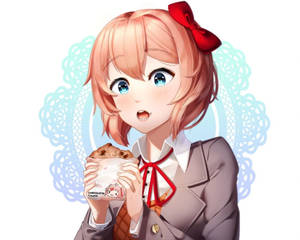 動漫女孩，桃色頭髮和藍色眼睛，拿著一個朱古力曲奇袋。