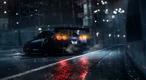 黑色跑車在夜間濕滑的城市街道上漂移，帶有發光的尾燈和雨滴。 — 動漫車 壁紙