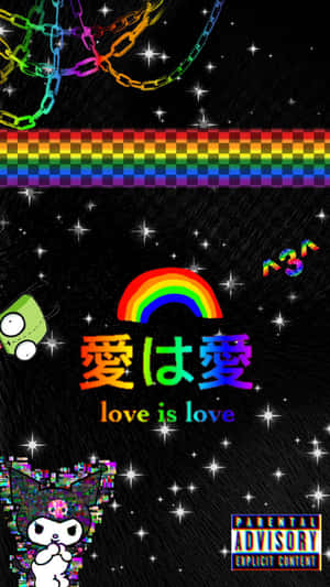 黑色背景上帶有「love is love」文字和動漫角色的彩虹鏈條和星星。