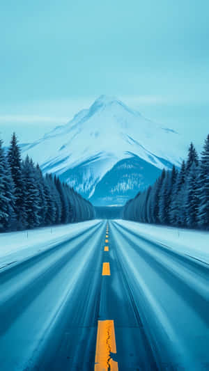 通往山峰的雪覆蓋高速公路，兩旁有常綠樹