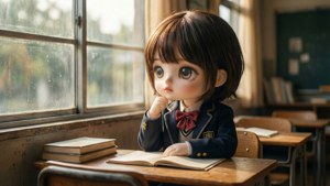 一個穿著校服的Q版女孩坐在桌前，在雨窗旁看書。