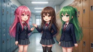 三個穿著校服的動漫女學生站在有儲物櫃的走廊裡