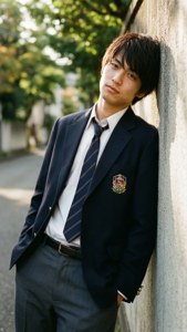 年輕男子身穿校服在戶外靠著混凝土牆
