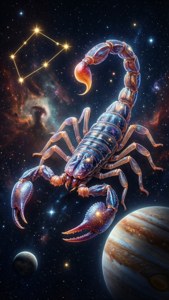 一隻巨型蠍子漂浮在木星附近的太空中，以及一個上方有星座的星狀星雲中。