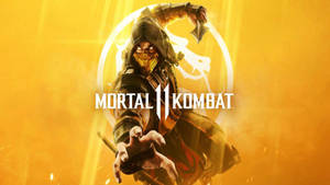 Mortal Kombat戰士身穿暗色盔甲，雙眼發光，在金色背景前向前衝刺。