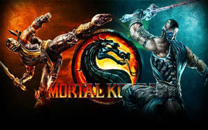 兩名 Mortal Kombat 戰士以火和冰對抗龍標誌。