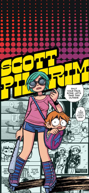 Scott Pilgrim 漫畫封面，青綠色頭髮的女孩手持球棒，男孩躲在她身後。