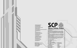 SCP基金會文件，顯示收容程序，位於帶有灰色建築元素的白色牆壁上。