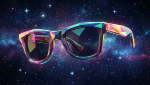 色彩繽紛的幾何太陽眼鏡漂浮在星空宇宙星雲中。