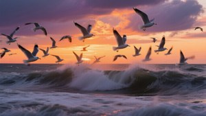 海鷗在日落時飛越拍打的海浪