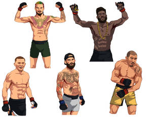 五位插圖風格的MMA選手，以各種姿勢呈現，帶有紋身和手套。