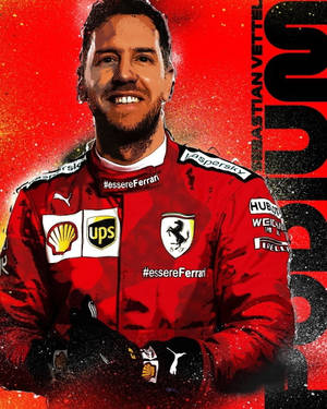 Sebastian Vettel 穿著紅色法拉利賽車服微笑，帶有贊助商標誌