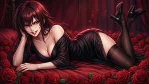 一位紅髮紅眼的女性穿著黑色衣服躺在紅玫瑰床上。