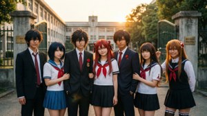 七位動漫學生穿著校服，在日落時分於學校門外擺姿勢。