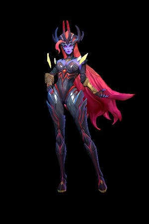 奇幻戰士身披紅色斗篷和發光盔甲，自信地站在黑色背景前
