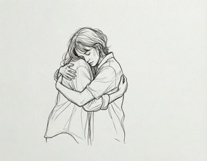 黑白素描中，兩個人閉著眼睛緊密擁抱。