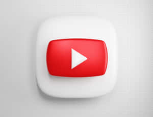 YouTube播放按鈕圖標，紅白配色，置於點狀背景上。