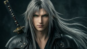 一位銀髮綠眼的戰士在黑暗環境中手持武士刀。