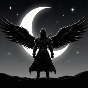 一個帶翼的戰士拿著劍，在夜晚站在彎月和星星前。