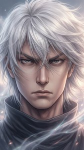 動漫男性，銀色頭髮和發光的眼睛，宇宙場景