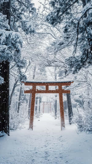 雪地森林中的紅色鳥居，雪花飄落，前方有小徑