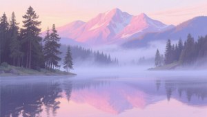 積雪的山脈和松樹倒映在黎明時分霧氣瀰漫的湖面上。