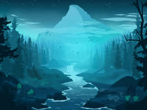 一條發光的河流在夜間流過霧氣瀰漫的森林，朝向星空下的山脈。 — 森林 壁紙
