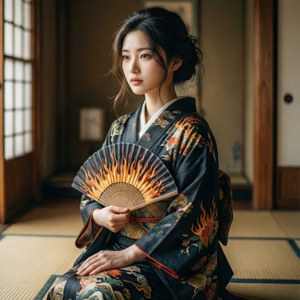 身穿和服的女子在傳統日式房間中手持扇子