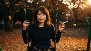 一位女性在鞦韆上吸煙，秋葉在日落時分的公園中飄落。