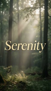 在陽光照耀的霧氣森林中，高大的樹木和綠色苔蘚間，「Serenity」文字發光